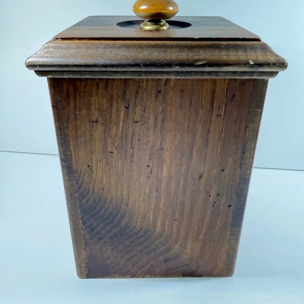 Vintage Wood Ice Bucket Square Brass Label Mid Century Barware Plastic Insert